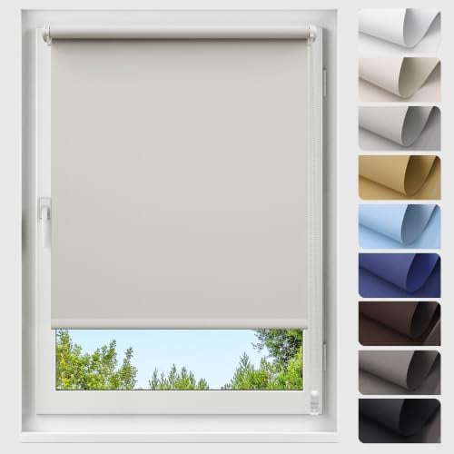 Allesin Verdunklungsrollo ohne Bohren, Hellgrau B55 x H230cm (Stoffbreite 55 cm), Thermorollo Klemmrollo, 100% Verdunkelung, Wärmeschutz, UV-Schutz, Sichtschutz für Fenster und Balkontür