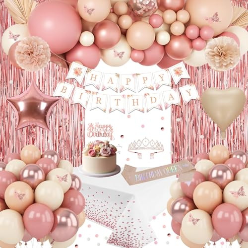 Geburtstagsdeko Retro Rosa, Deko Geburtstag Retro Rosa und Rosegold, Happy Birthday Banner, Luftballons, Geburtstagskrone, Schärpe, Tischdecke, Vorhang, Pompons für Frauen Mädchen Geburtstag Deko