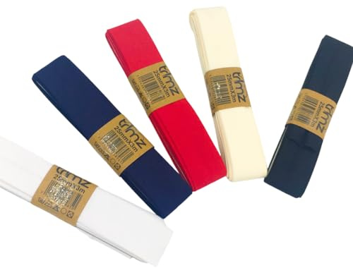 Trimz BB-BND-CLA-5PK Bias Binding Bundle (White, Ivory, Red, Navy, Black) Schrägband, Baumwolle Polyester, Weiß/Elfenbein/Rot/Marineblau/Schwarz, 5 x 3m