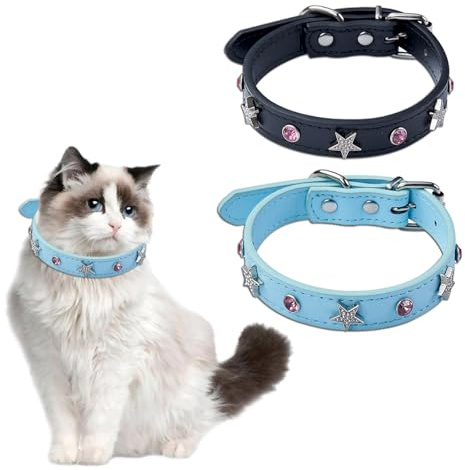 KASESSS 2 Pièces Collier Chat avec étoiles Scintillantes Et Strass Roses, Collier pour Chat en Cuir PU Ajustable Circonférence, Colliers pour Chats avec Boucle Métallique pour Chats Et Petits Chiens
