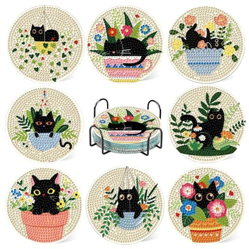 8 Stück Diamond Painting Untersetzer Gläser Set, Holz Bastelset Erwachsene mit Holder und Werkzeugkasten, Kreativ Sets für Erwachsene, Katzen Deko DIY Set, Geschenke für Katzenliebhaber