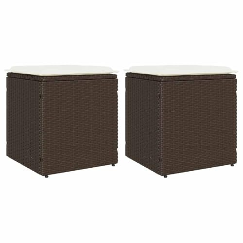 Keeushr Gartenhocker mit Kissen 2 STK. Braun 40x40x43 cm Poly Rattan, PE Rattan Hocker mit Stauraum und abnehmbarem Bezug für Terrasse und Balkon, wetterfeste Aufbewahrung,