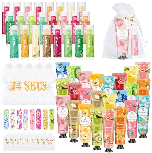 Lot de 24 crèmes pour les mains - Cadeau de Noël pour femme - Avec crèmes pour les mains, baume à lèvres, mini limes à ongles, sachets en organza et cartes de remerciement, petit cadeau pour femme