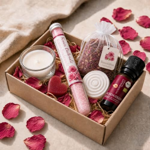 Wellness Geschenkset für Frauen mit Bio Rosengeranienöl, Rosenblüten, Badesalz & Duftstein | Wellness Set fürFreundin | Geschenk Set & Entspannungs Set