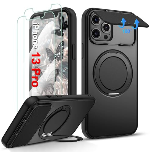 Gritup for iPhone 13 Pro Case 6.1-Inch: with 2PCS Screen Protector [Full Camera Protection] & Magnetic Stand [Military-Grade] Shockproof Slim Thin Cover for iPhone 13 Pro Phone Cases -Black