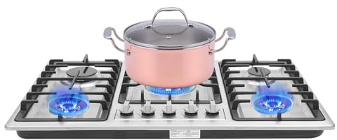 plaque de cuisson à gaz 5 feux, Plaque gaz inox encastrable, Design moderne noir argenté Chauffe homogène sécurité flamme Boutons individuels Facile à nettoyer, Pour cuisine familiale professionnelle