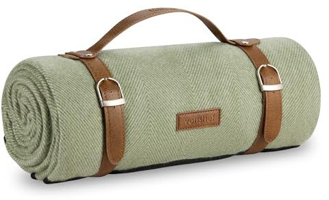 VonShef Picnic Blanket, Green Herringbone, 147x180cm | Outdoor Rug, Waterproof Backing, 6 Person Weatherproof, Faux Leather Handle, Water Resistant Camping Accessories