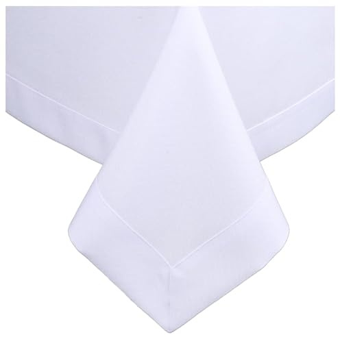 DECOOR Tischdecke abwaschbar 280x140 cm eckige Tischwäsche aus Stoff in Leinenoptik schmutzabweisende Tafeldecke wasserabweisend Matte 220 g/m² Tischtuch mit dekorativer 5 cm Bordüre Weiß