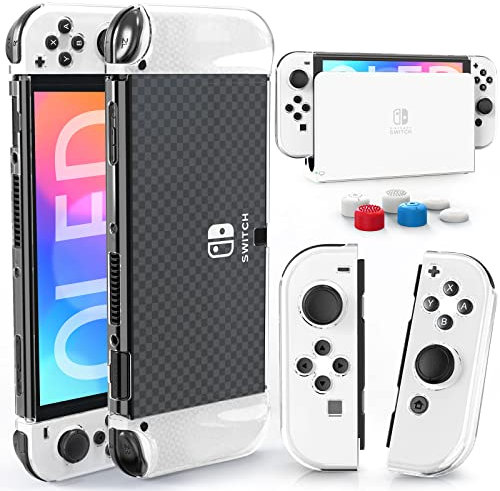 HEYSTOP Carcasa Switch OLED Dockable, Funda Protectora de TPU para Nintendo Switch OLED Modelo con 6 Agarres para el Pulgar, Protección Completa, Anticaída, Transparente