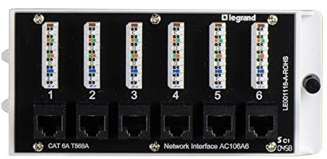Legrand AC106A6 OnQ Heimkino-Patchpanel, 6-Port-Schnittstellenmodul, Cat 6A Netzwerk-Patchpanel für kabelgebundene Ethernet-Verbindung, Schwarz