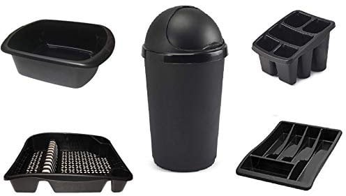 KetoPlastics Black 5 Piece Kitchen Set - 50 Litre Bullet Bin, Dish Drainer, Washing up Bowl, Cutlery Tray and Cutlery Drainer/Holder