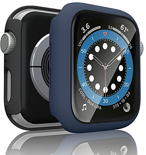 [2 Pezzi] Tobfit Cover Compatibile per Apple Watch 44mm Series 6, Series 5, Series 4, SE 44mm HD Pellicola Protettiva, Custodia Rigida con Vetro Temperato (44mm Per Series 6/SE/5/4, Nero+Blu navy)