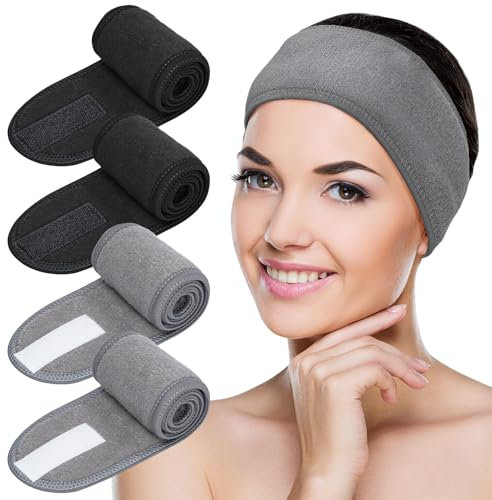 MELLIEX 4 Stück Kosmetik Haarband, Spa Stirnband Frottee Haarbänder für Make Up Sport Yoga Verstellbare Haarschutzband mit Klettverschluss(Schwarz+Grau)