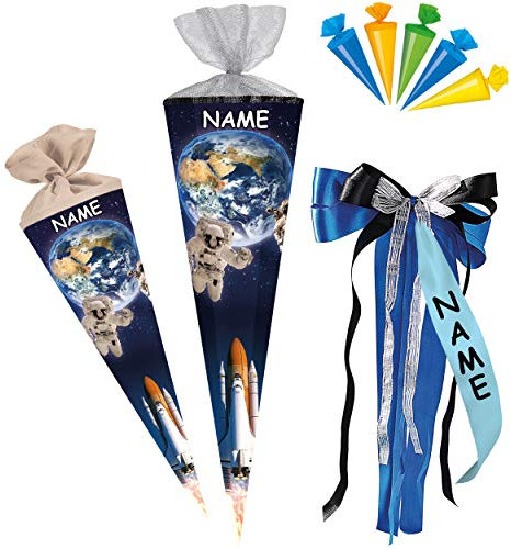 alles-meine.de GmbH Set Größenwahl - 22-100 cm Schultüte + 5 kleine Zuckertüten - Weltraum - Rakete/Erde & Astronaut - 12 eckig - incl. Name und individueller großer SCHL..