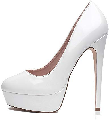 Zhabtuc Scarpe col Tacco Donna Decolletè Plateau Sexy Stiletto Tacchi a Spillo Piattaforma 14CM Punta Tonda Elegante Tacchi Alti in Vernice, Bianco, 39 EU