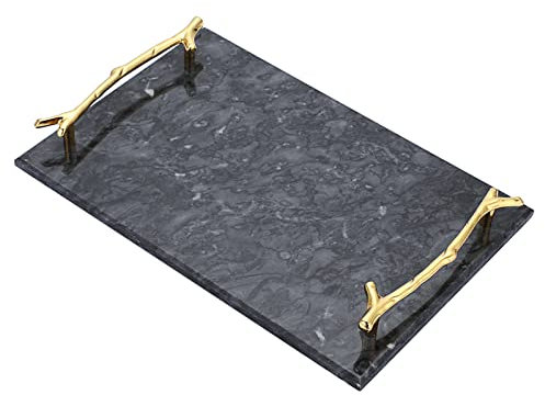 SUMNACON Bandeja rectangular para servir de mármol con asas de hoja, bandeja para servir, plato para joyas, para salón, cocina, decoración del hogar, color negro