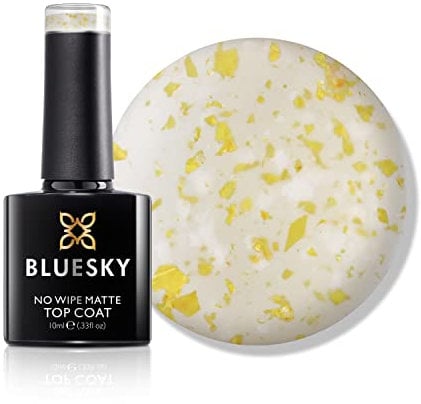 Bluesky Gel Nail Polish, No Wipe Matte Flower Top Coat, Clear with Gold and White flakest, Matte Finish, 10ml (Requires curing under UV/LED Lamp)