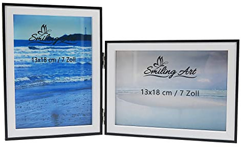 Smiling Art Bilderrahmen für 2 Fotos aus MDF Holz mit Glasscheibe, klappbarer Bilderrahmen, Doppelrahmen in Querformat und Hochformat (Weiß+schwarz, 2x13x18 cm)