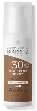 Laboratoires de Biarritz - Getönte Sonnencreme Gesicht - Amber - LSF30 ALGA MARIS® Bio-zertifiziert - Hydriert, mattiert, sorgt für ein gesundes Strahlen - 50 ml - Made in France