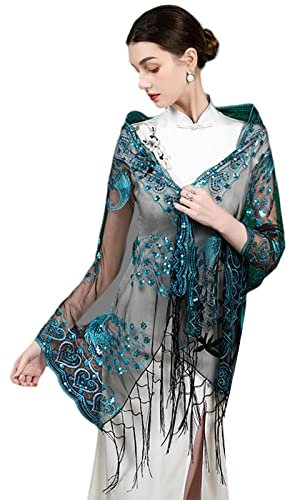 GIBZ Damen Pailletten Schal mit Phoenix Stickerei Quaste Lange Glitzer Stola Wraps für Hochzeit Abendkleider Party, Blaugrün
