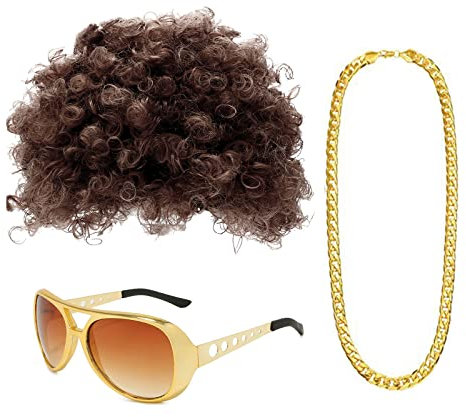 VIKSAUN Herren Hippie Perücken Kostüm Zubehör Set, 70er 80er Jahre Perücke Disco Hippie Kostüm Set, Funky Afro Perücke, Sonnenbrille Halskette für Cosplay Halloween Kostüm Thema Party (3 Stück)