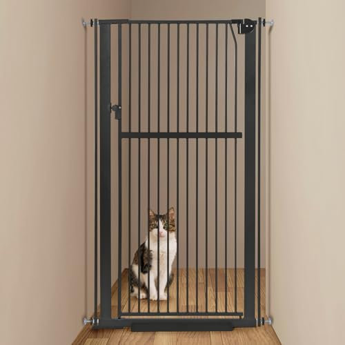 Extra hohes Haustiergitter, 150 cm, robustes Katzen- und Hundegitter aus Metall mit doppeltem Sicherheitsschloss und Durchgangstür für Innentreppen, Türen, Flure – selbstschließend/bleibt offen/offen