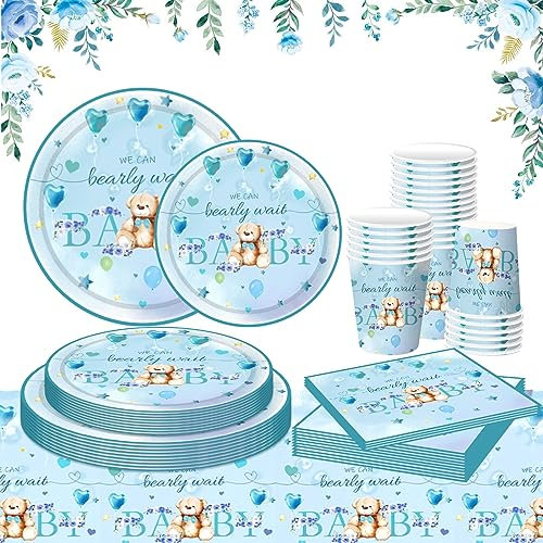 Huiyoulan Ours en Peluche Thème Party Vaisselle,Lot de 81 Pièces Vaisselles Jetables en Papier pour 20 Invités,Tasses Serviettes de Table Nappe de Table, pour Anniversaire Décoration de Fête