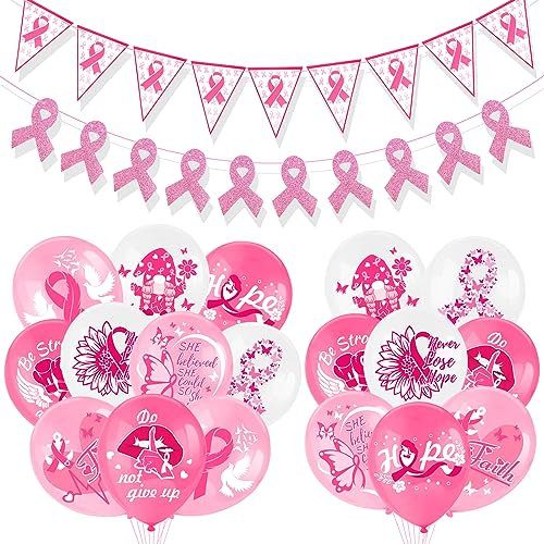 HOWAF Ballons de Sensibilisation de Cancer Sein d'Octobre Rose Décoration, Ballons Ruban Rose Cancer du Sein Ballons Cancer du Sein Bannière Sensibilisation au Cancer du Sein Ruban Octobre Rose