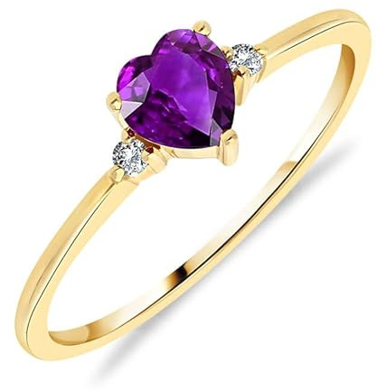 Planetys Damen-Solitärring aus Gelbgold 375/1000, besetzt mit natürlichem Amethyst, Herzschliff und Diamanten, 60, Metall, Amethyst