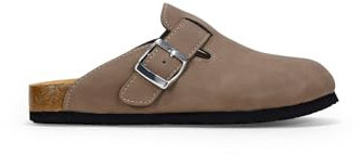 BOSANOVA Zoccoli svettati piatti realizzati con dettaglio a striscia con fibbia regolabile e suola bio in sughero da 2,7 cm. Senza chiusura. Soletta Comfort. Scarpe da donna, taupe, 39 EU
