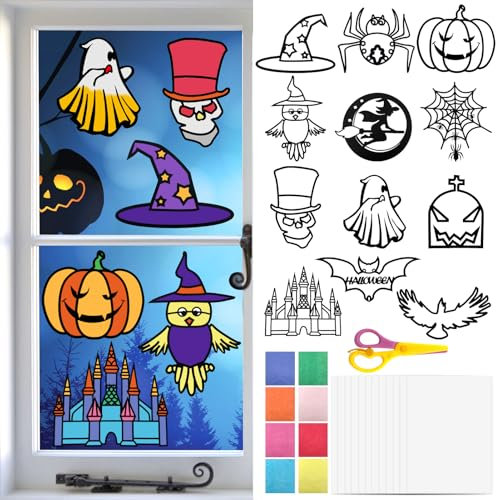 Lets Joy Halloween Basteln Kinder, 12 Stück Bastelset Halloween Fenster, Halloween Aufkleber Wandaufkleber, Halloween Kinder Fensterbilder Deko, Buntglas Effekt Sonnenfänger Bastelset