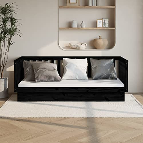 GuyAna Day Bed Black 100x200 cm Solid Wood Pine,Wooden Daybed,Cabin Bed, Solid Guest Bed&Sofa Bed, Pull out Storage Drawer for Living Room and Bedroom