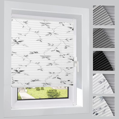 HOMEDEMO Plissee ohne Bohren Verdunkelung mit Weinblätter Streifen Muster, Verdunklungsplissee Klemmfix, B90 x H130 cm, Sichtschutz Sonnenschutz, Rollos für Fenster und Tür