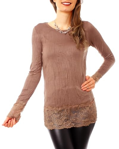 Easy Young Fashion Damen Langarmshirt mit Spitze Skinny Unterziehshirt extra lang