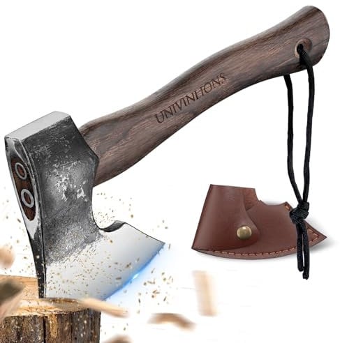 Univinlions Ascia da Esterno Professionale 27 cm - Spaccalegna Forgiata a Mano 800g - Sopravvivenza, Bushcraft, Boscaglia Con Fodero - Campeggio Regalo Per Uomini