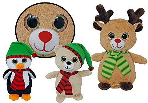 Kuscheltier Weihnachts Plüsch Auswahl Elch, Bär oder Pinguin 23 cm mit Schal, Plüschtiere Elchpuppe Weihnachten Rentier Stofftier Weihnachtsplüsch Geschenk Hirsch Plüschtier Stofftier Deko (3er Set)