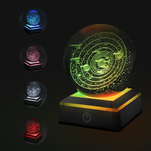 Yuhtech Bola de Cristal 3D del Sistema Solar con Base LED, USB Bola de Cristal 3D del Sistema Solar con Luz Nocturna Creativa, Regalos para el Día de San Valentín