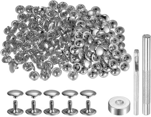 QUARKZMAN 100 Juego Cuero Remache 10 x 12mm de Metal con Doble Tapa Broches de Presión Remaches de Sujeción con 3 Herramientas de Instalación para Cuero Manualidades Tono Plateado