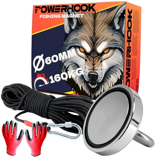 PowerHook - Neodym Magnet 160KG Stark - 60mm Groß - Bergemagnet - Angelmagnet - Magnetfischen Set - Mit 20m Seil und Karabinerhaken
