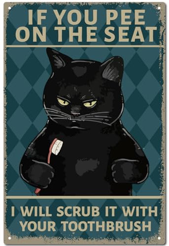 CREATCABIN Metall-Blechschild Schwarze Katze,Vintage-Blechschild,Poster,Retro-Gemälde,Plakette,Eisenschild,Wanddekoration,Kunstwandbild Aufhängen Für,Toilette,30x20cm-Wenn Sie Auf Den Sitz Pinkeln