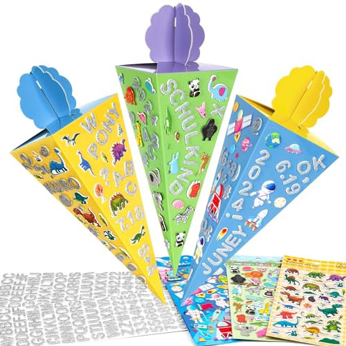 O-Kinee Geschwistertüten,3stk Schultüte zur Einschulung,Faltbare Zuckertüte zum Befullen 32cm mit Moosgummi Aufklebern,DIY Geschenkverpackung für Schwester und Bruder Schuleinführung Party