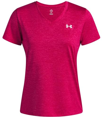 Under Armour Tech Twist - Camiseta de Manga Corta con Cuello en V para Mujer, (681) Fucsia sombreado/Blanco, Large