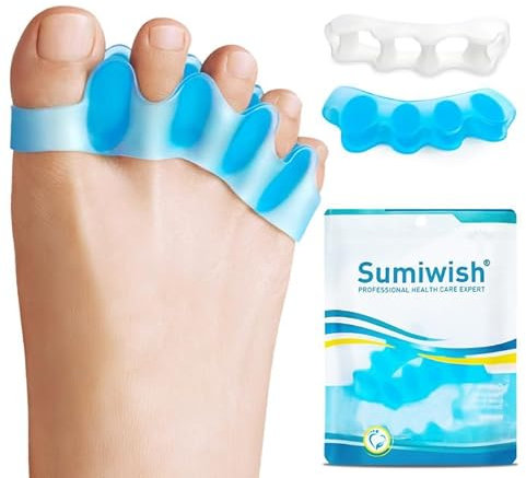Sumiwish Toe Separators & Toe Spacers - 4 Pairs (Blue and White) - Soft Toe Straighteners for Bent Toes - Silicone Toe Separators for Overlapping Toes, Plantar Fasciitis, Hammer Toes & Claw Toes - M