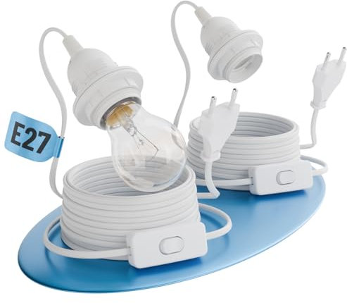 greate Casquillo 2x E27 con interruptor y cable blanco 5 metros - Lamparas de techo cable largo con enchufe máximo 60W 250V - Lampara techo enchufe, casquillo con enchufe, portalámparas con enchufe
