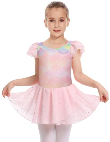 DGSHIRLDJO Girls Ballet Leotards Sparkly Ruffle Sleeve Mesh Dance Dress Ballet Outfit for Toddler 2-12 Years (UK, Numeric, 130, Regular, Pink)