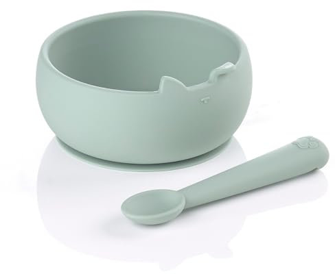 Jané Set de Bol y Cuchara de Silicona con Ventosa, Libre de BPA, Compatible con Esterilizadores, Microondas, Horno, Color Verde