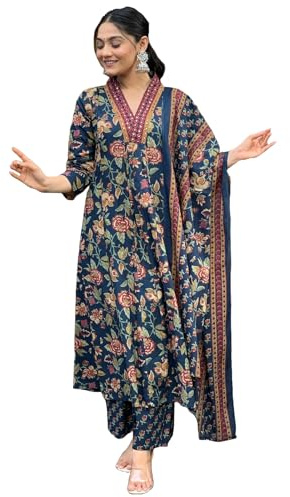 GoSriKi Women's Anarkali Viscose Kurta with Palazzo and Dupatta, Blue, 48