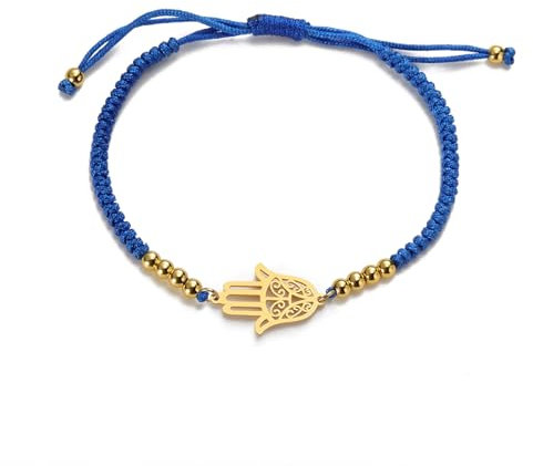 EUEAVAN Hamsa-Armband Hand der Fatima Armband Verstellbare Perlenarmbänder Kabbalah Fatima Hand Amulett Schmuck Handgeflochtenes Seil Glücksarmband Rote Schnur (blau)