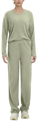 AGYMNX Schlafanzug Damen Lang Pyjama Set Baumwolle Lange �rmel Gestricktes Yoga-Sets mit V-Ausschnitt 2 St�ck Slim Fit Gem�tliche Nachtw�schee mit Taschen Sportanzug Trainingsanzug Armeegr�n XXL