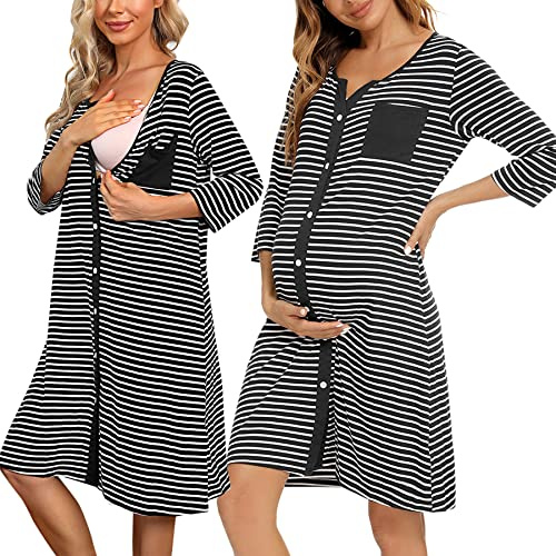 Marvmys Chemise de nuit de maternité pour l'hôpital - Manches 3/4 - Chemise de nuit d'allaitement boutonnée - Col en V - Vêtement de détente doux pour femme enceinte - A-Noir